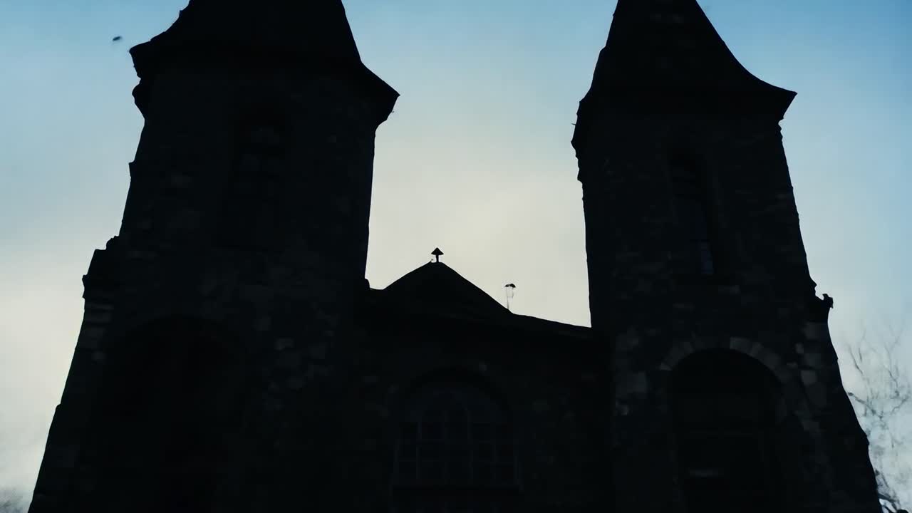 밤 에 오래된 교회 의 실루