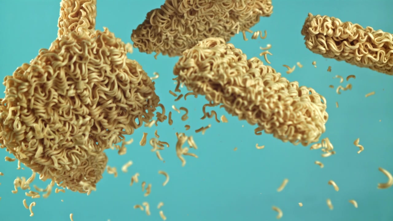 Noodles istantanei secchi che fluttuano verso l'alto su uno sfondo verde acqua