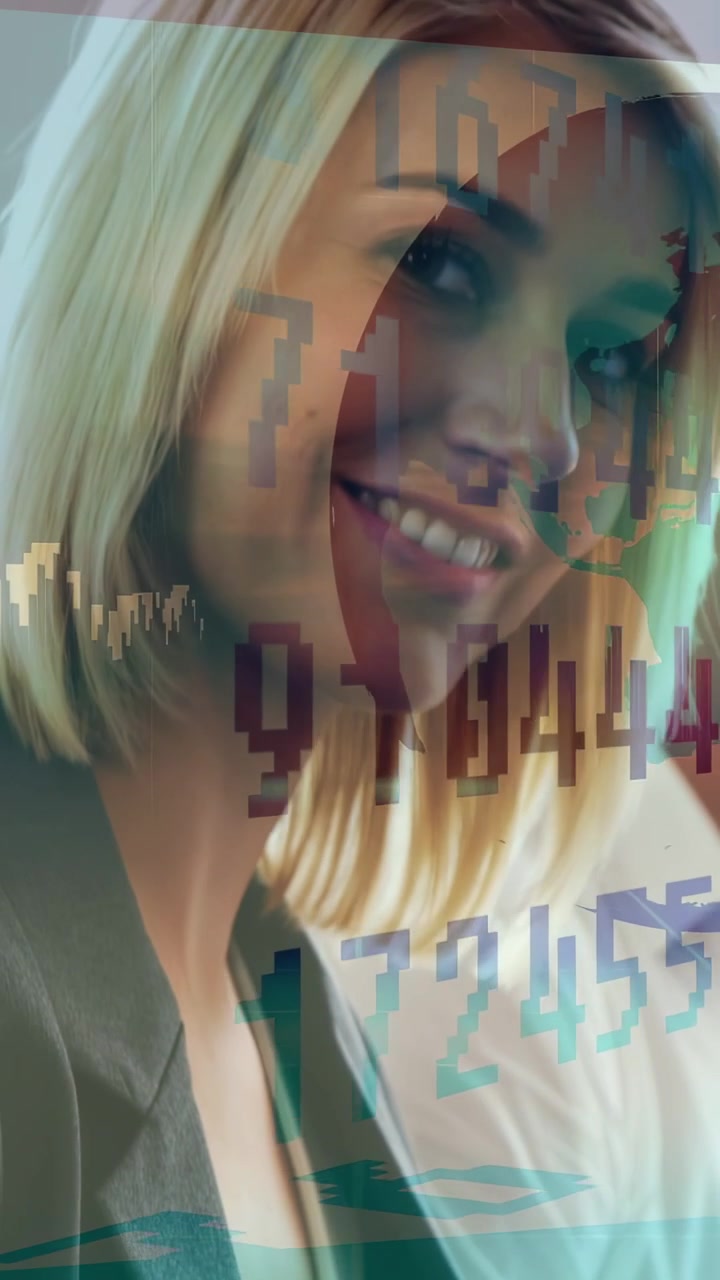 Vertical video: Woman typing on keyboard, creating finance tickers and globe, analyzing stocks