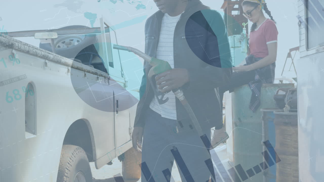 주유소에서 사람들을 대상으로 금융 데이터 처리의 애니메이션