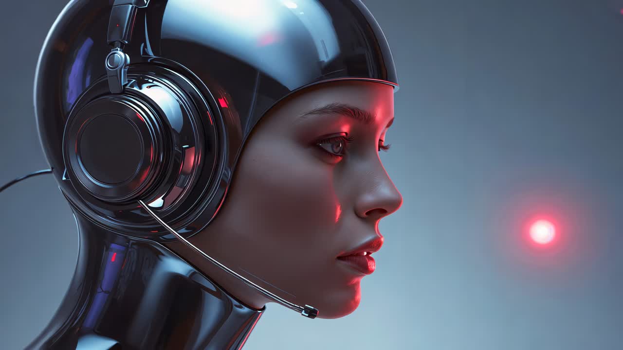 Turning head female cyborg responding to red orb glowing in studio with helmet headset mic