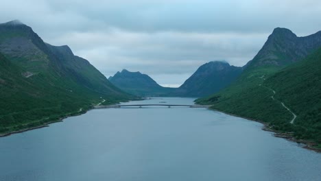 Bridge-Over-The-Gryllefjorden-With-Mountains-In-Gryllefjord,-Senja-Island,-Norway