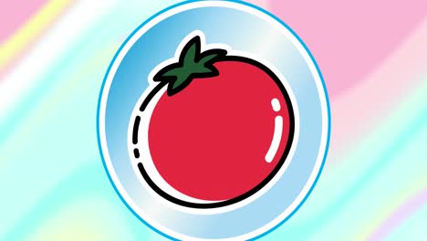 Animation-of-red-tomato-in-blue-circle-on-abstract-colourful-pastel-background