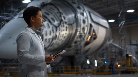 aerospace engineer inspecting spacecraft in assembly facility