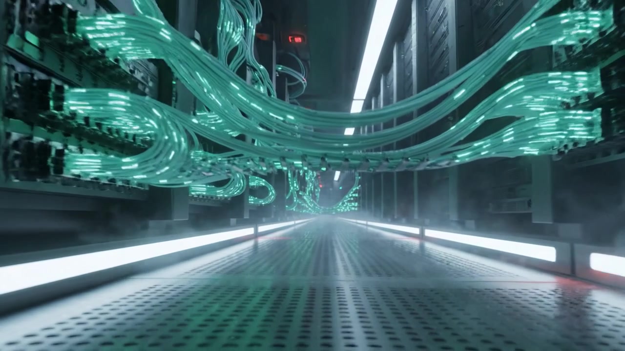A Technological Odyssey Through a Futuristic Data Center with Glowing Cables and Illuminated Pathways, Capturing the Essence of Computer Networks and Infrastructure