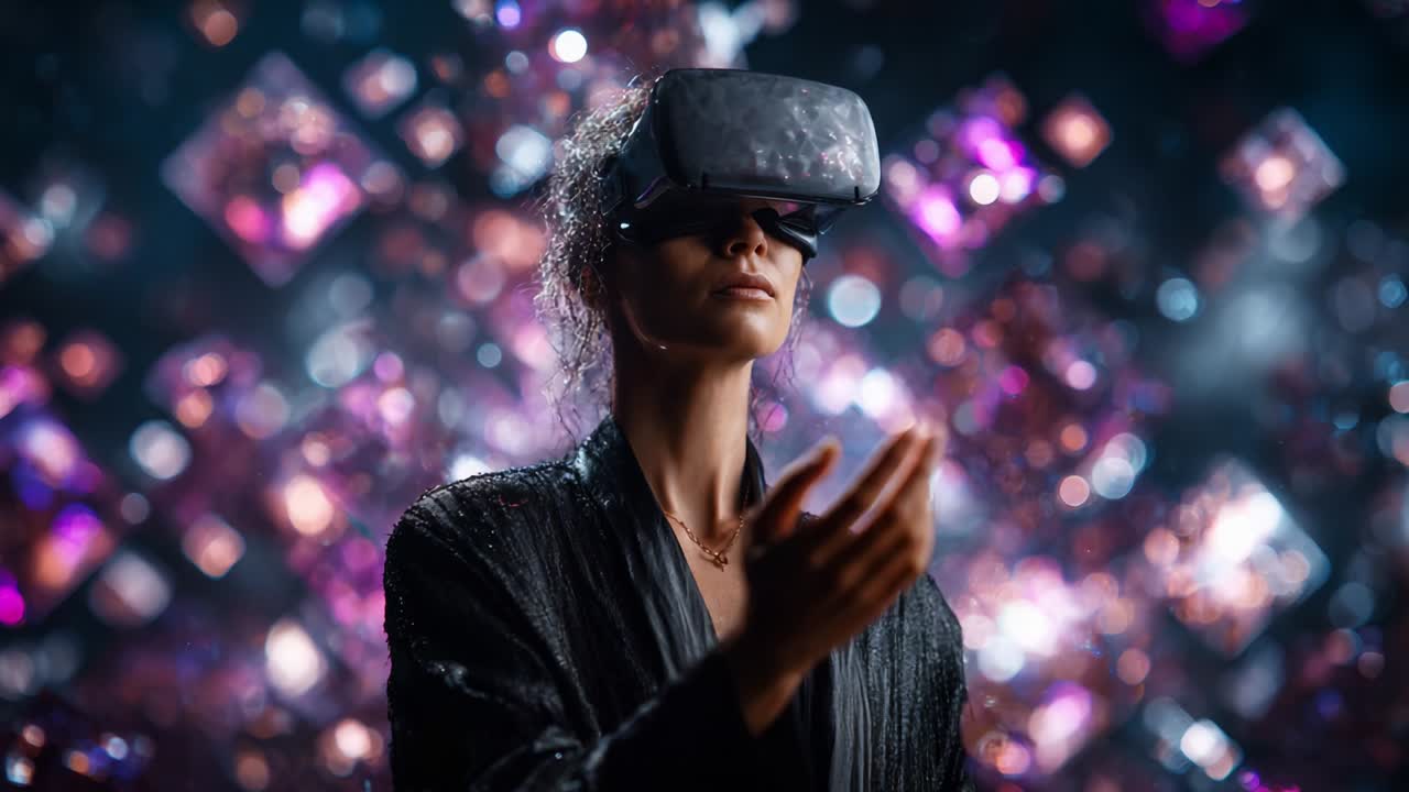 Capturing the Essence of Virtual Reality: A Woman Engaged in an Immersive Experience Surrounded by Vibrant Geometric Shapes and Dazzling Lights, Representing the Future of Technology and Interactivity