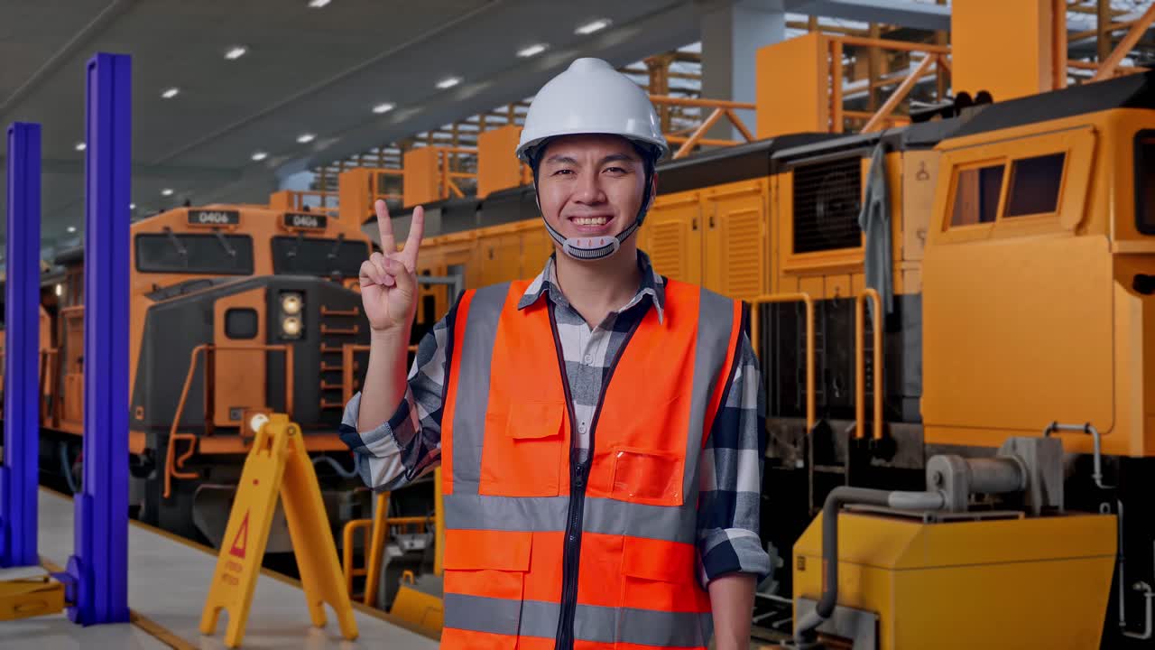 Ingegnere asiatico con casco di sicurezza sorridente che fa il gesto di pace mentre è in piedi, ingegneri addetti alla manutenzione dei treni in un deposito