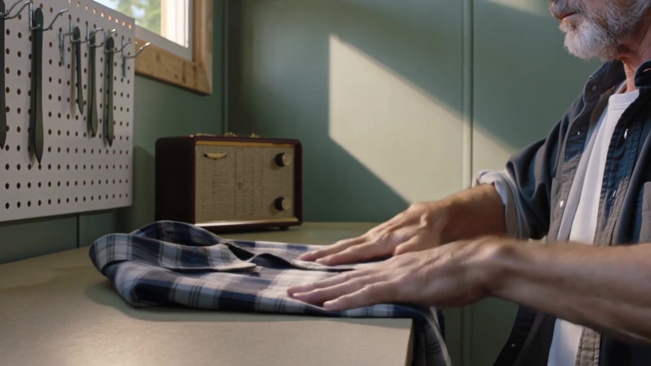 Pulling senior man in rolled sleeves smoothing folding plaid shirt on bench for neat fold, workshop