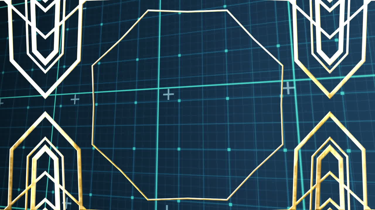 체크된 파란색 공간 위에서 변하는 기하학적 모양의 애니메이션