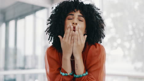 Hands,-peace-and-face-of-black-woman-in-the-office