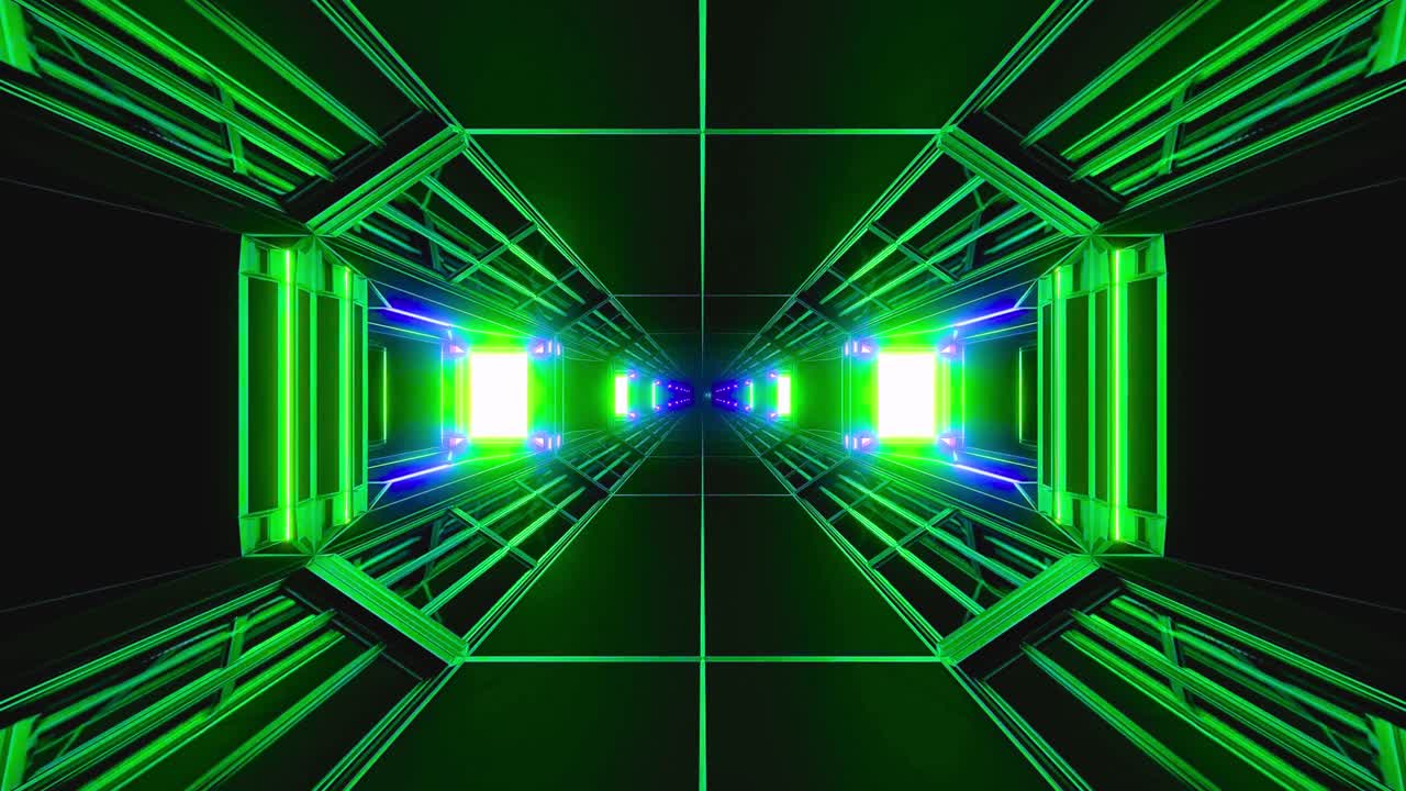 Volando attraverso un tunnel futuristico di luce al neon