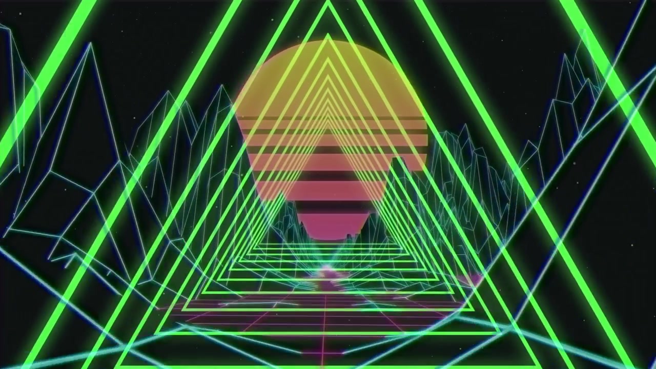 Video di triangoli al neon su un paesaggio del metaverso e il sole.