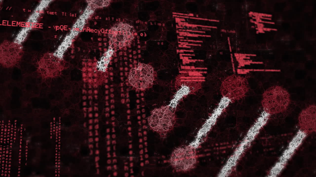 animación de una cadena de adn que gira sobre el procesamiento de datos en el fondo