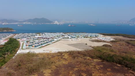 Covid19-Quarantine-compound-buildings-in-the-outskirts-of-Hong-Kong,-Aerial-view