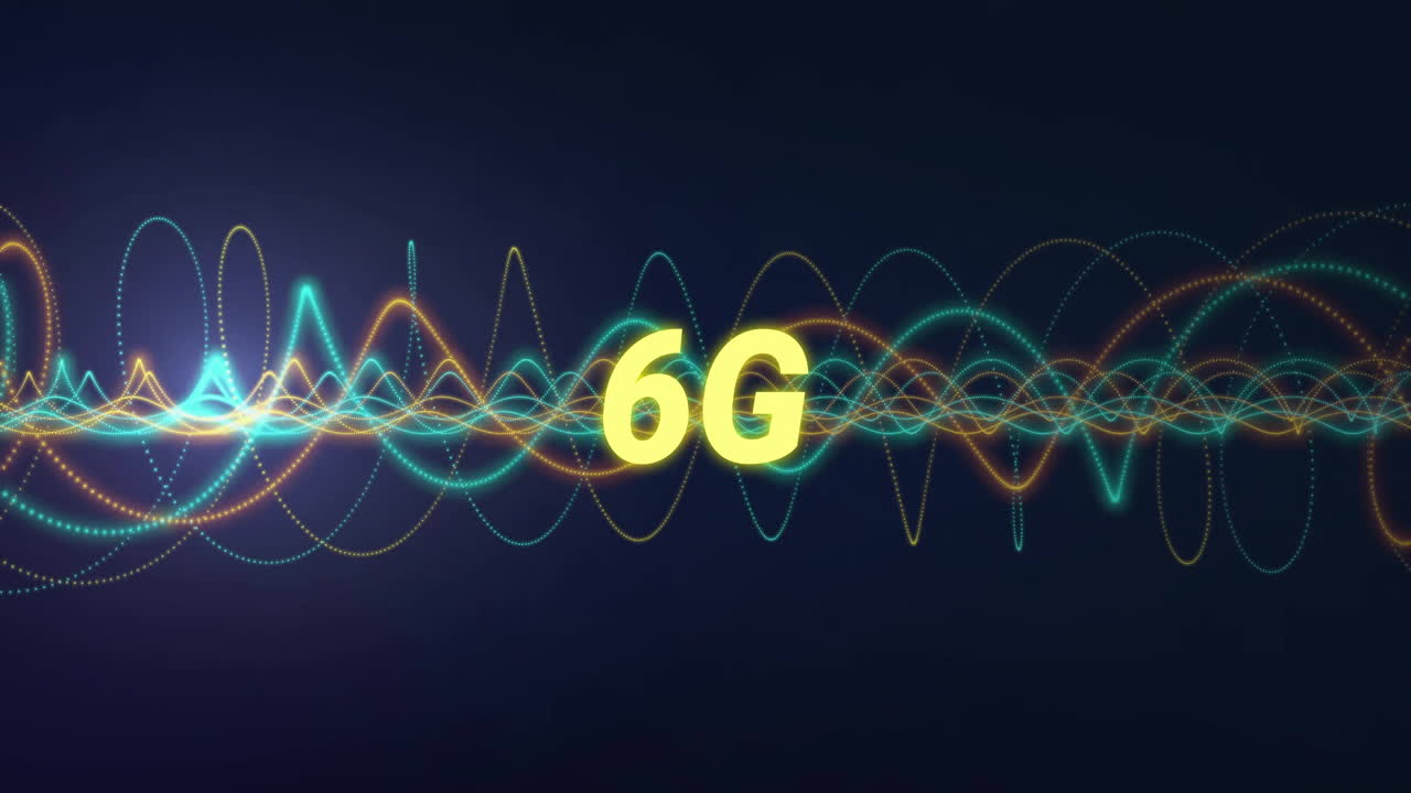 Bold glowing 6G text floating amidst pulsating neon teal and yellow waveforms forming digital loops