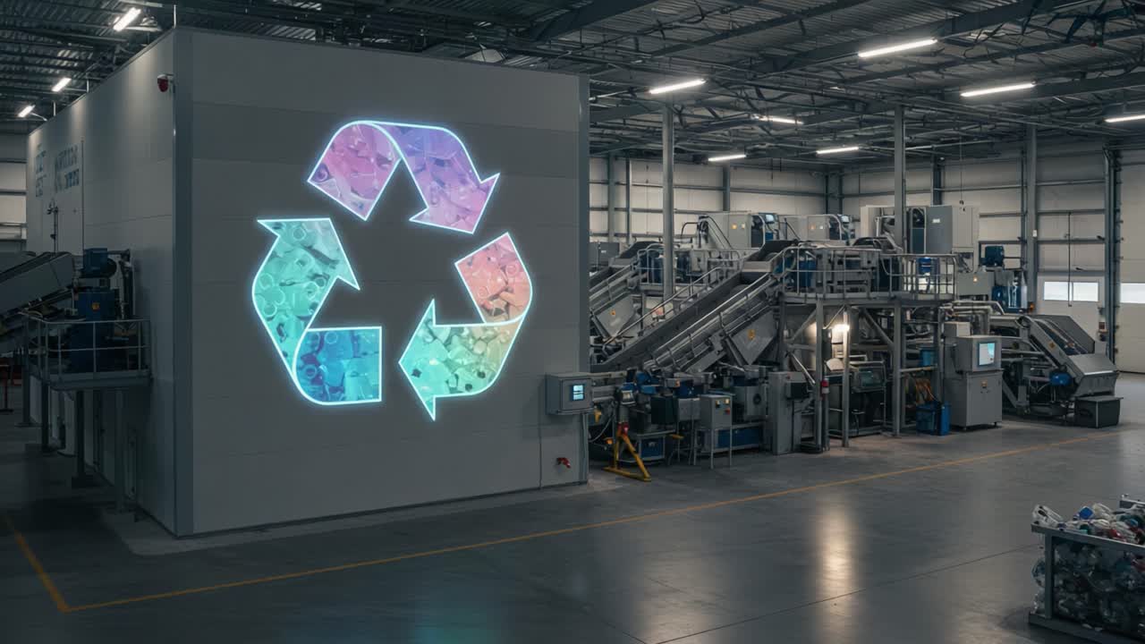 A Modern Recycling Facility Showcasing Advanced Waste Management Techniques with a Vibrant Recycle Symbol Projected on the Wall for Environmental Awareness