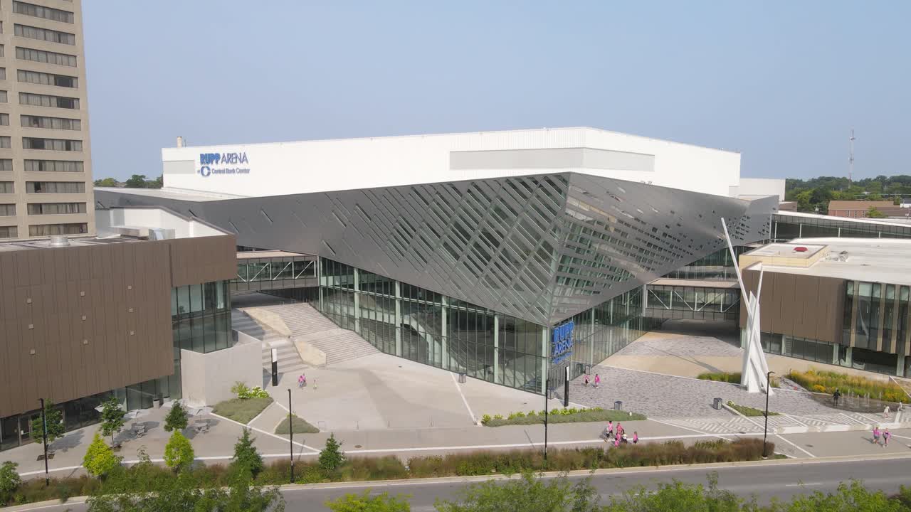 Triangle Park and Rupp Arena in the background in aerial pedestal up