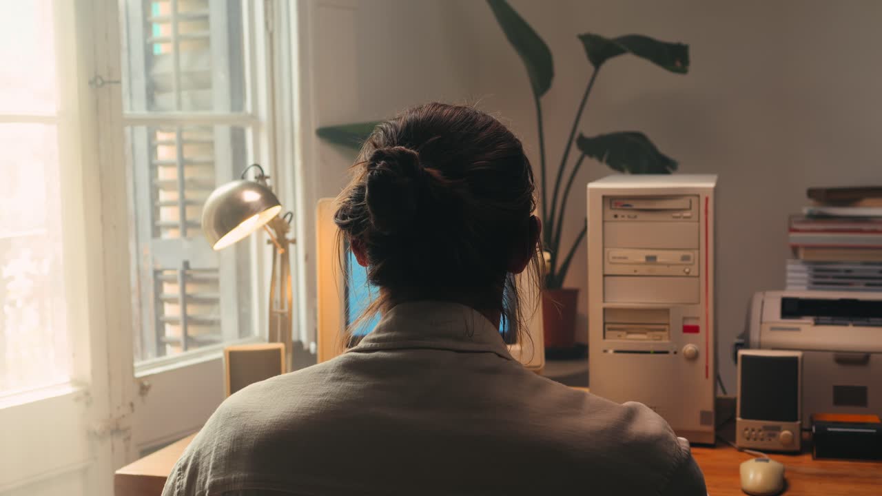 Man working and gaming on retro computer PC, IT engineer with vintage computer at home, using old fashion technology, close up of retro setup.