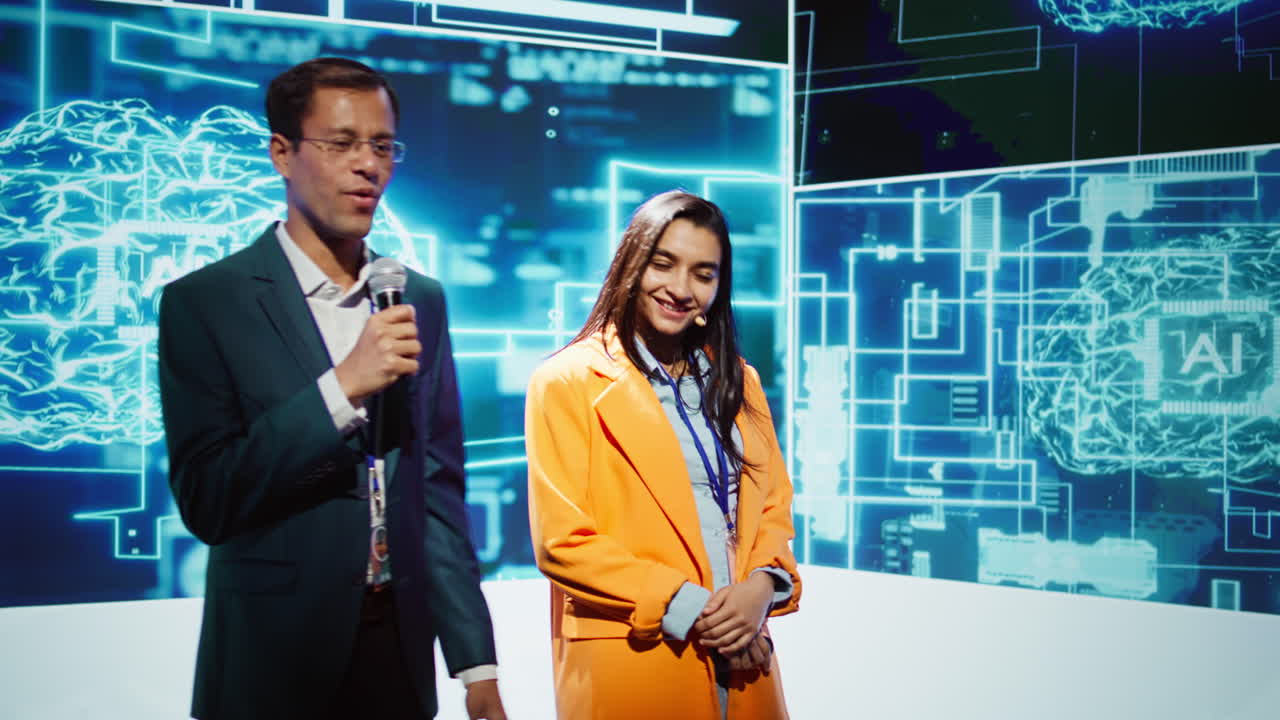 Cheerful host and expert guest talking at AI summit