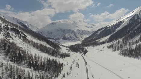 alpine valley with stream, road and individual houses between steep high mountains