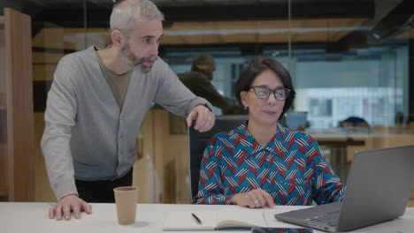 senior businessman discussing project on laptop with female colleague