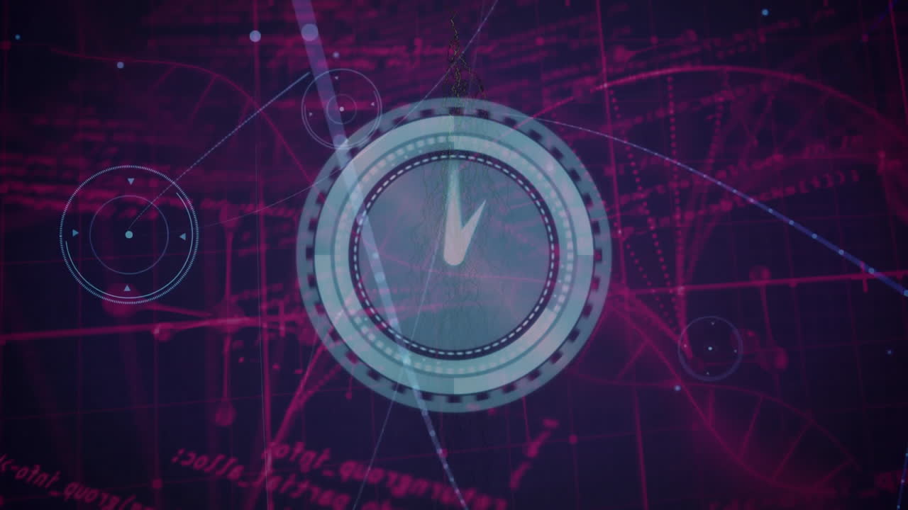 Clock face with check mark animation over scientific graphs and equations