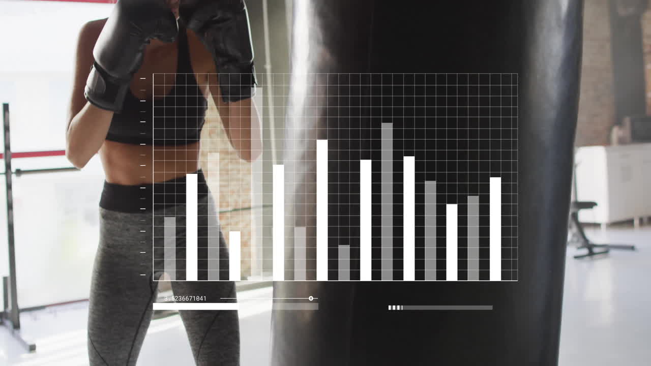 Training with punching bag, boxer analyzing performance metrics with data animation