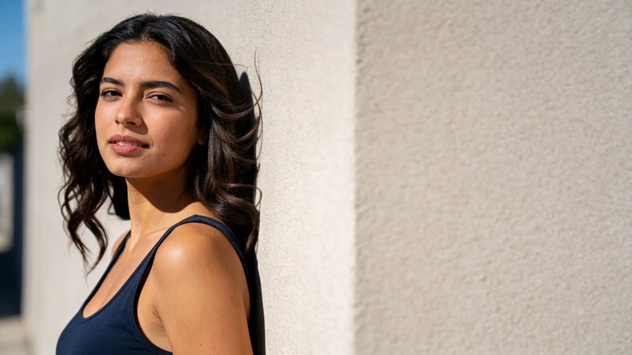 Donna in canottiera blu navy, appoggiata a un muro di stucco, che strizza gli occhi al sole mentre la brezza le muove i capelli, con spazio per il testo.