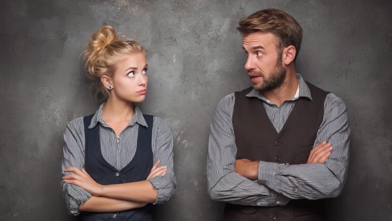 Una conversazione dinamica: espressioni vivaci tra due persone in abbigliamento formale su uno sfondo текстуizzato