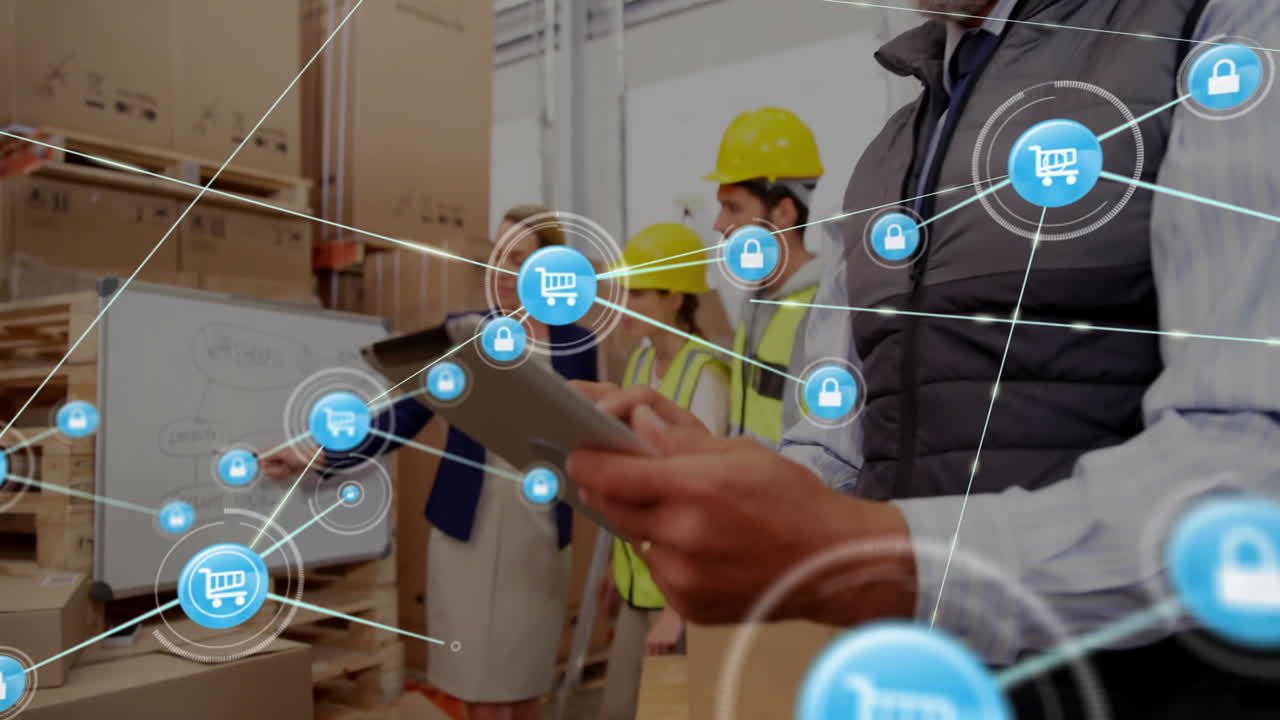 animación de la red de conexiones con iconos de carretillas de compras sobre diversas personas en los almacenes