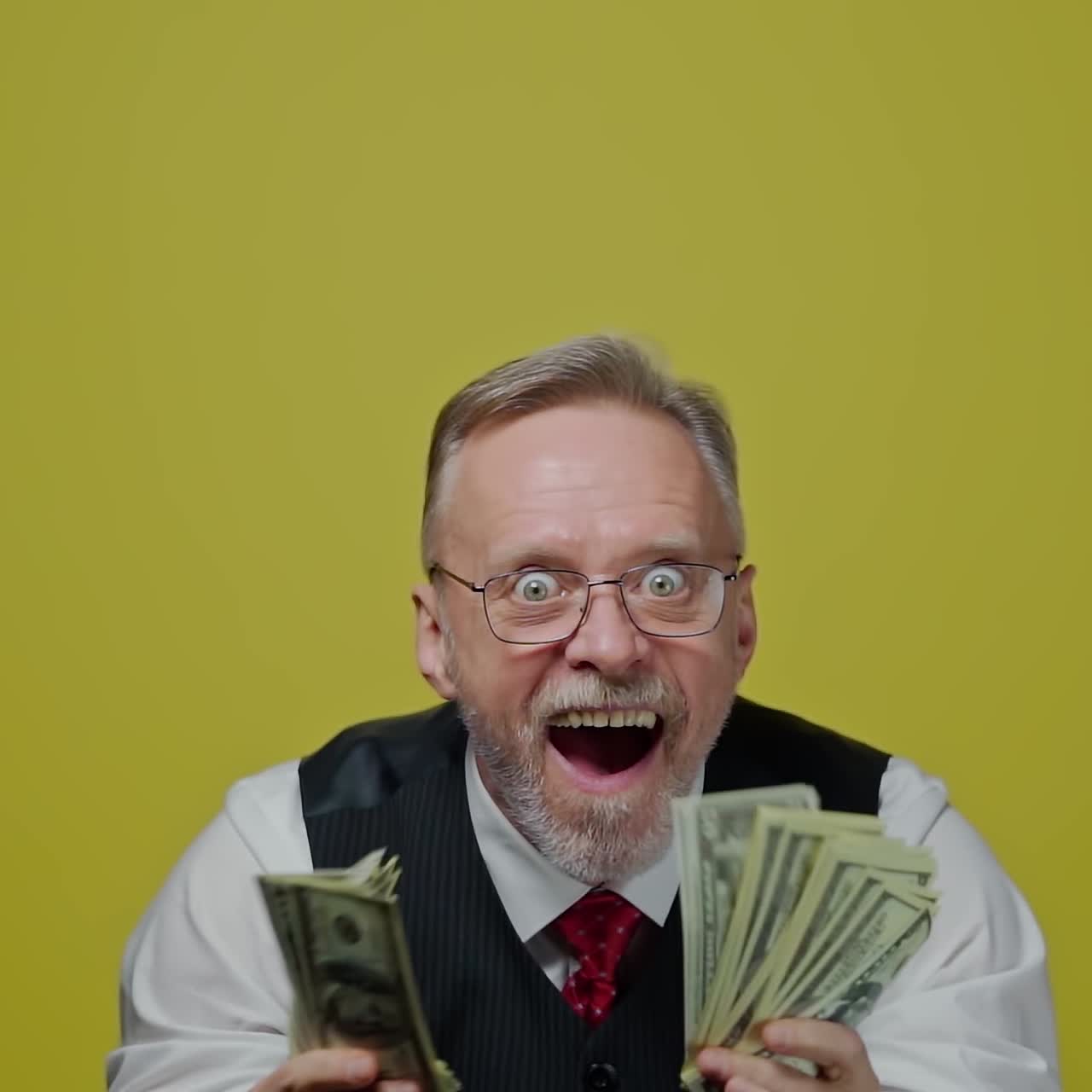 Joyful old man holding banknotes in his hands. Funny senior man with widely open eyes and mouth holds dollar bills on the yellow background. Positive emotions.