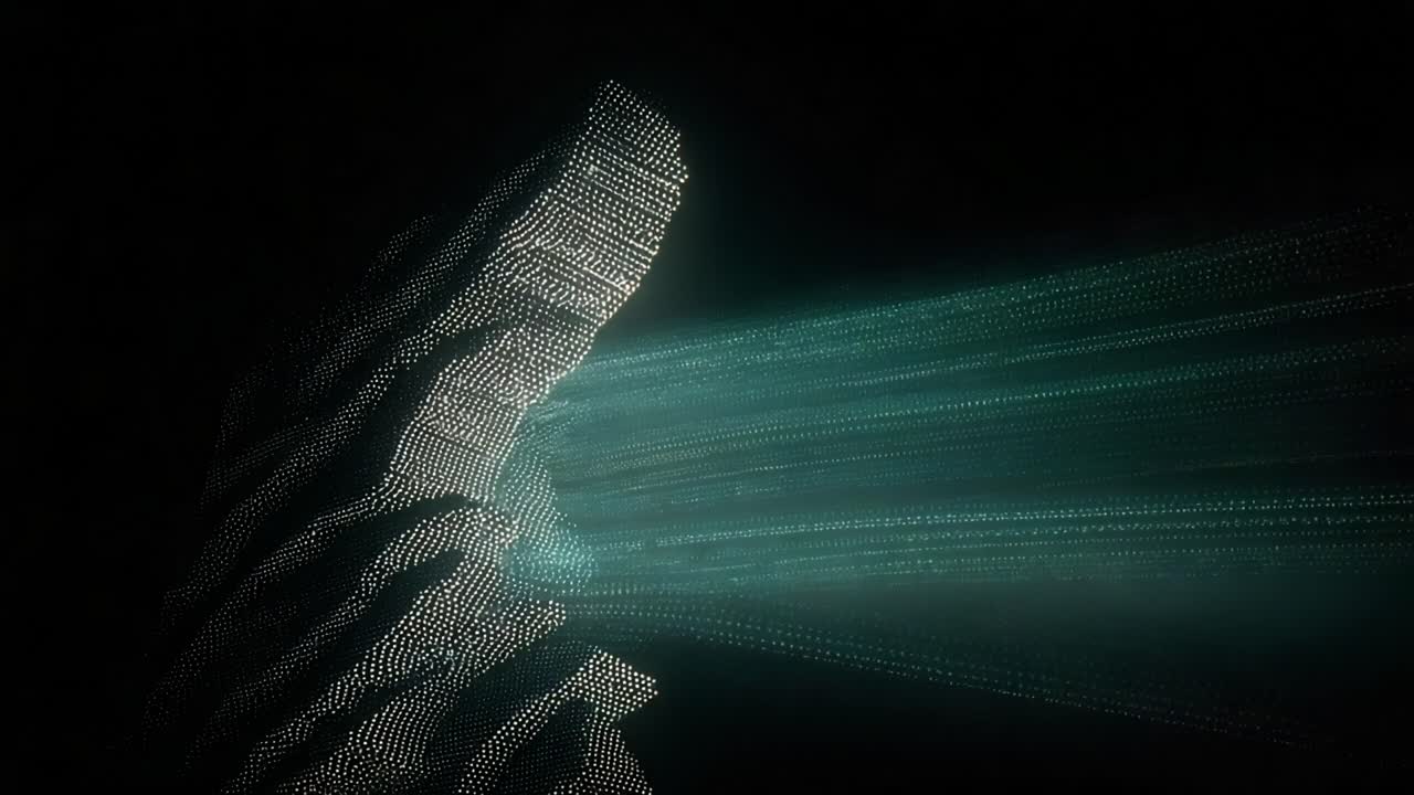 A mesmerizing display of particles breaking apart in dark space, revealing streams of ethereal light that create a stunning visual interpretation of energy and motion encapsulated within digital artistry