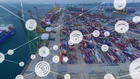 animation of network of connections with icons over shipping yard