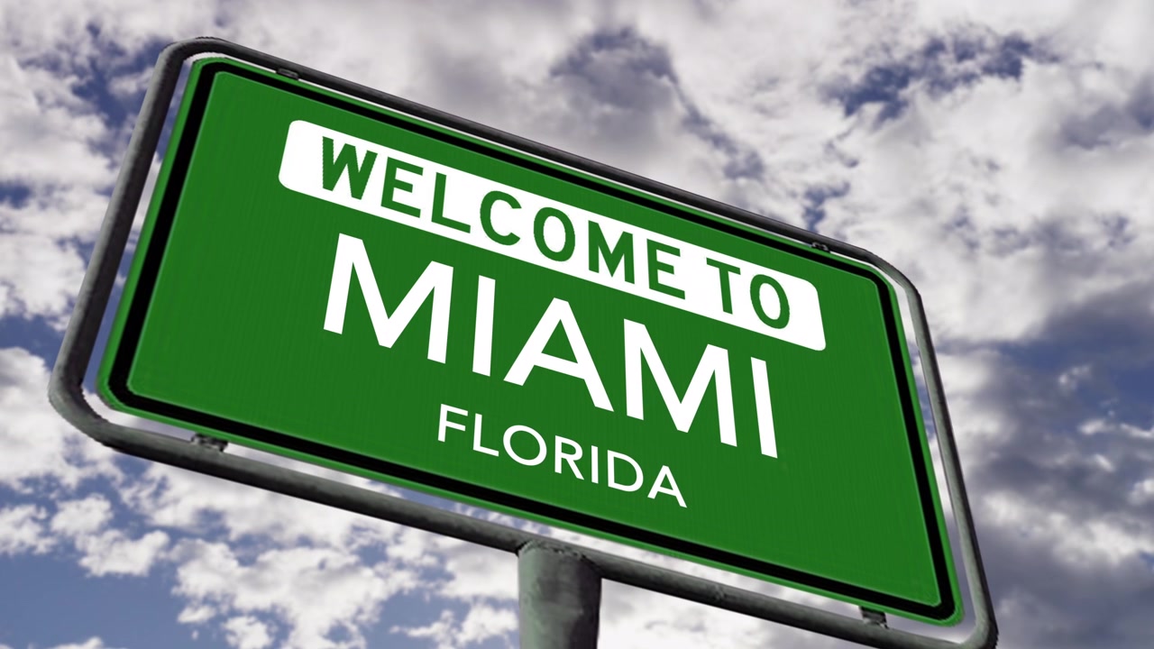 Benvenuti a Miami, Florida. USA. Cartello stradale della città, animazione 3D realistica