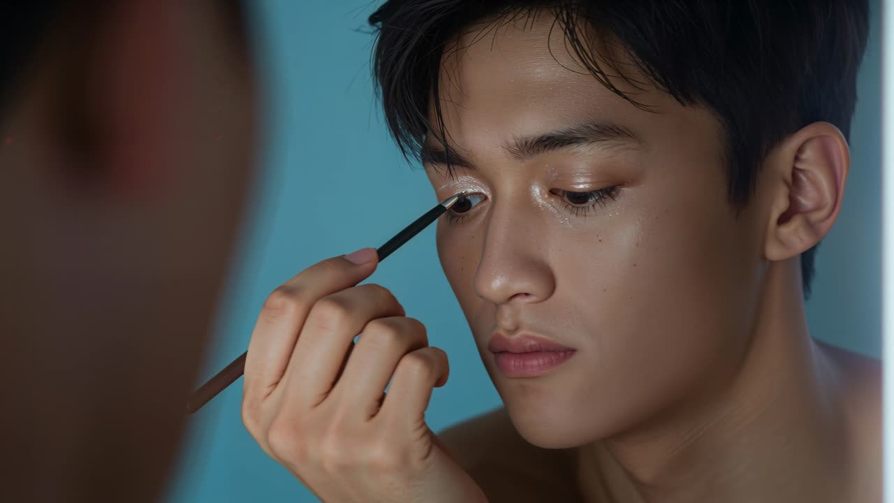 Raising small brush, bare-chested Asian man blending shimmery eyeshadow for inner glow at mirror