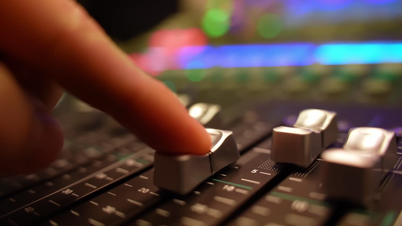 Close-up of finger sliding fader on digital audio mixer with colorful LEDs, showcasing pro sound control for studio recording, livestream, and event production