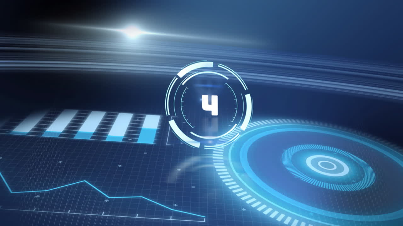 Glowing blue digital interface with futuristic countdown and graphs animation