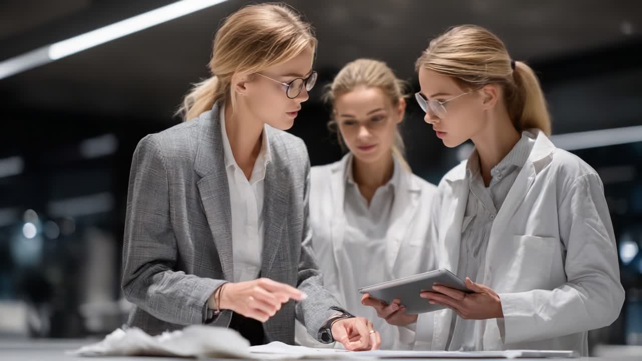 Three Professionals Collaborate in a Modern Laboratory Setting, Analyzing Data and Discussing Research Findings with Technology and Paperwork at an Innovative Workplace