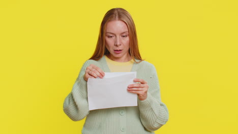 happy young woman open envelope take out letter reads bank loan approve great news award win