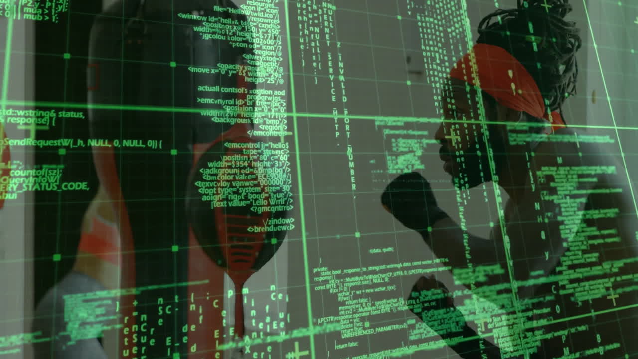 Man punching speed bag inside gym, showing digital code overlay for fitness tech