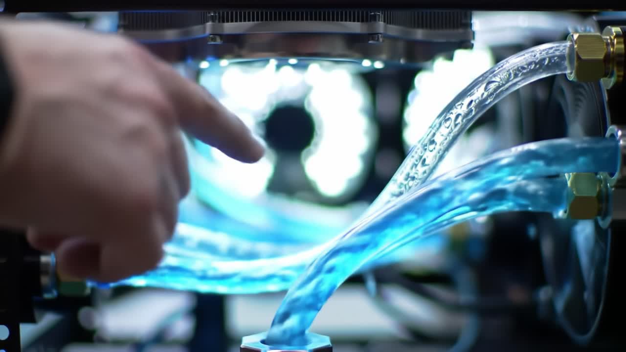 Intricate Fluid Dynamics in a Custom Water Cooling System: Exploring the Transparent Tubes and LED Lights that Enhance Performance and Aesthetics of Modern Hardware