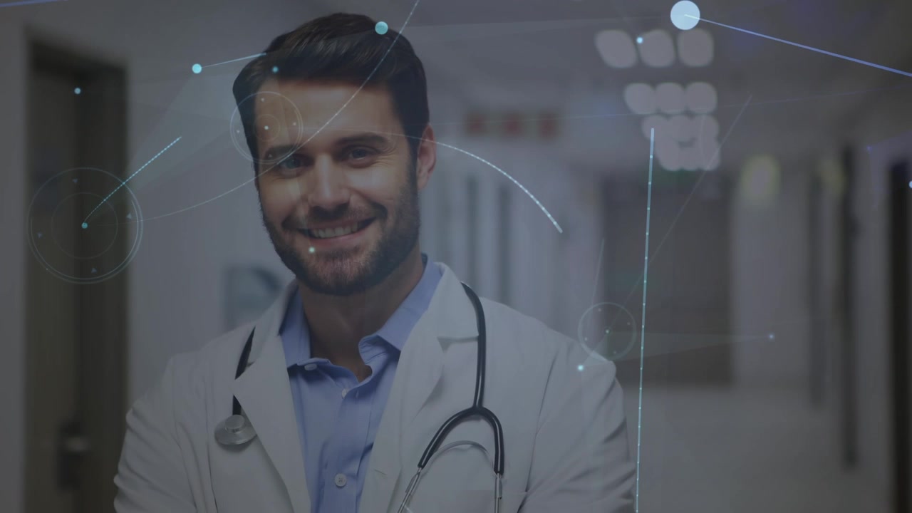 Animazione di una rete di connessioni su un uomo d'affari che indossa cuffie telefoniche.