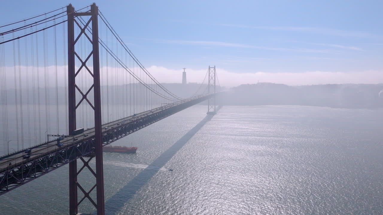 Lisbon’s Iconic Red Bridge and Christ Statue: Drone Footage with Blue Skies and Clouds