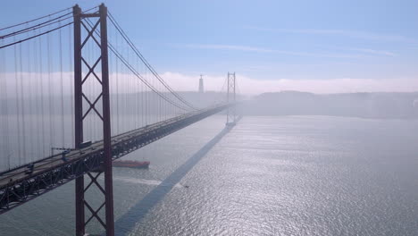 lisbon’s iconic red bridge and christ statue: drone footage with blue skies and clouds