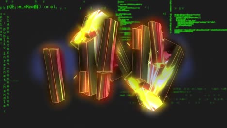 Animation-Leuchtender-Goldener-Kristallformen-über-Der-Datenverarbeitung-Vor-Schwarzem-Hintergrund