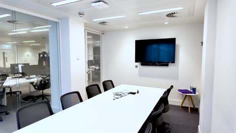 contemporary office design showcasing empty meeting room with glass walls and workspace area