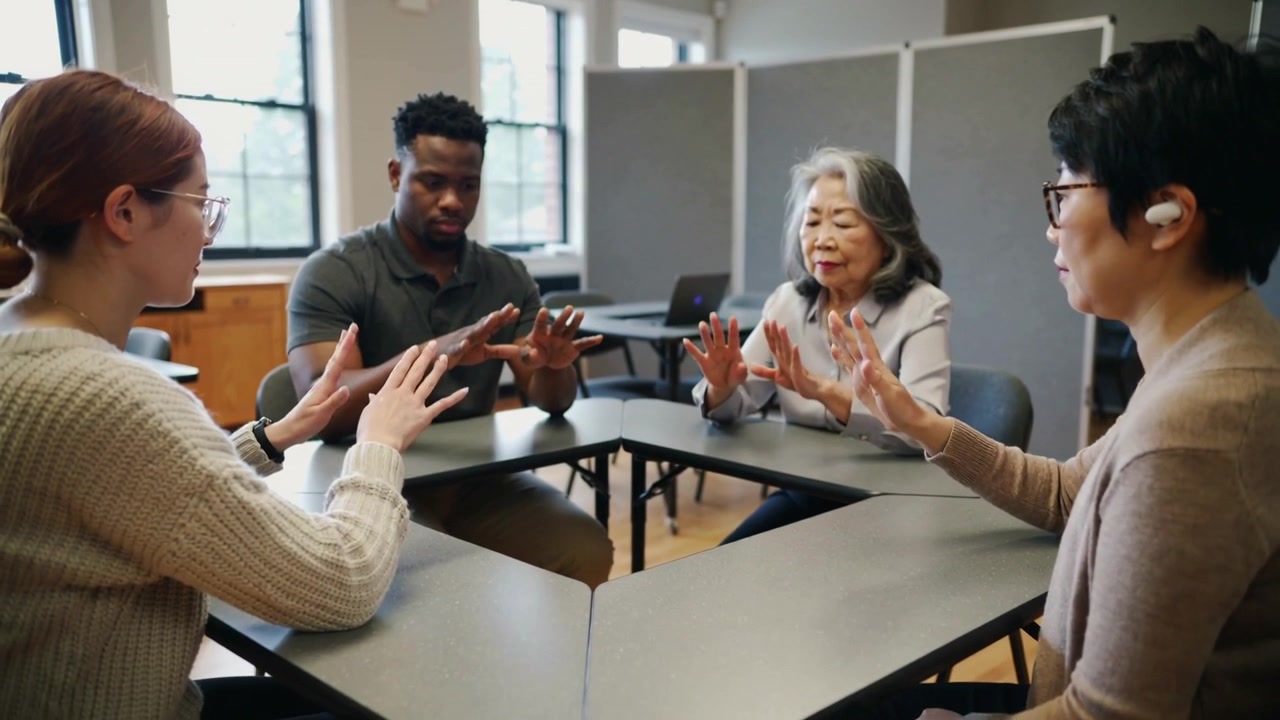 Responding to cue, four adults performing slow hand exercise in classroom with trapezoid tables