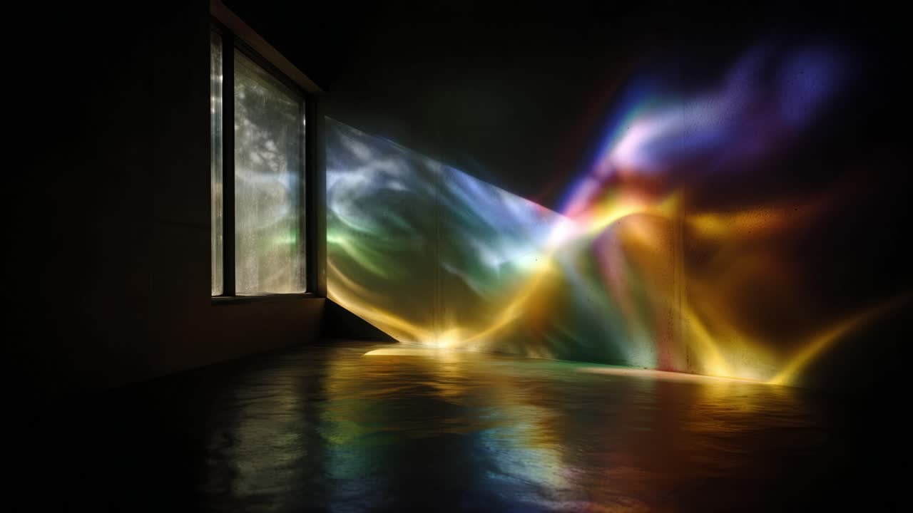 A Captivating Play of Light and Color Reflected Through a Window, Casting Vibrant Patterns on a Minimalist Room's Surface and Creating a Stunning Atmosphere