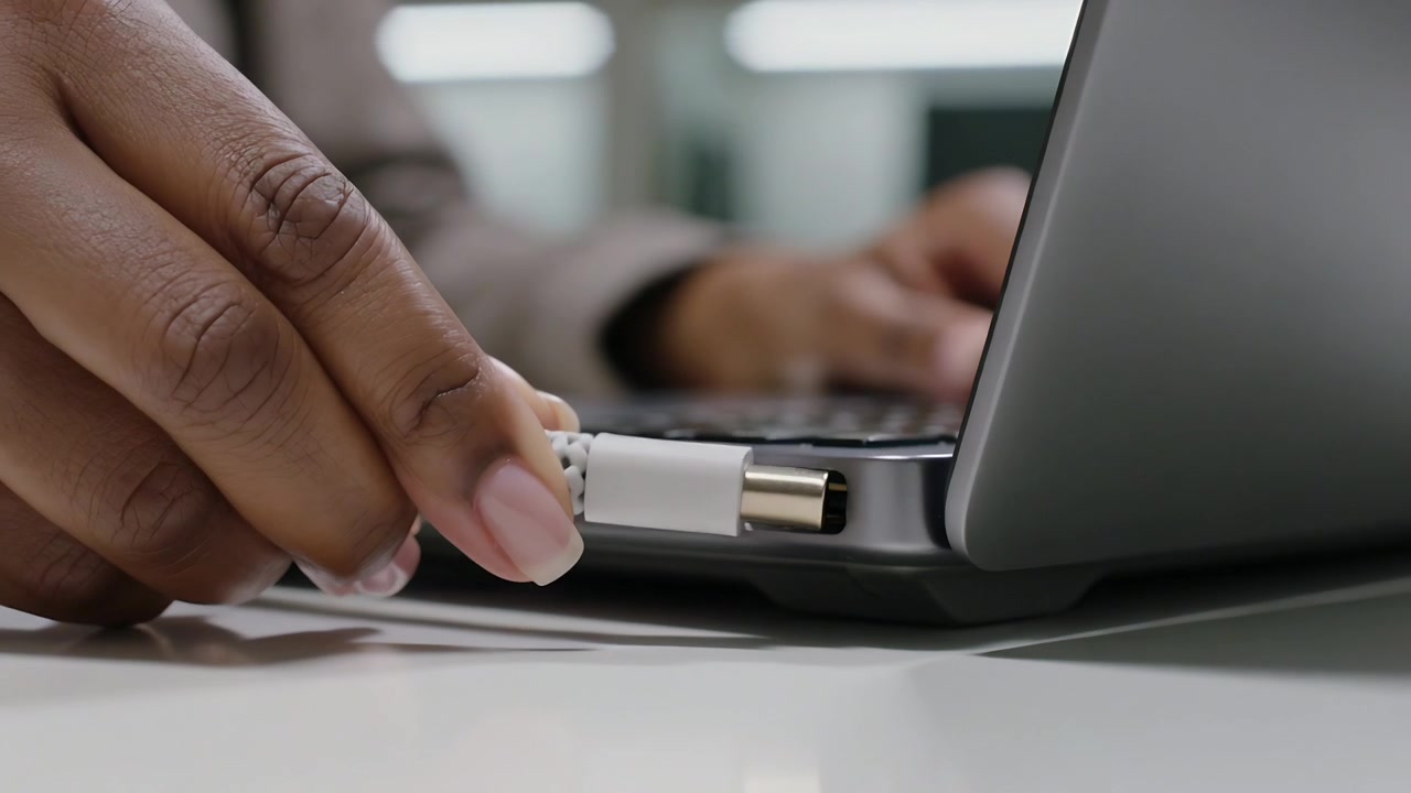 Bringing left-hand tan sleeve holding white plug inserting into laptop port at desk powering laptop