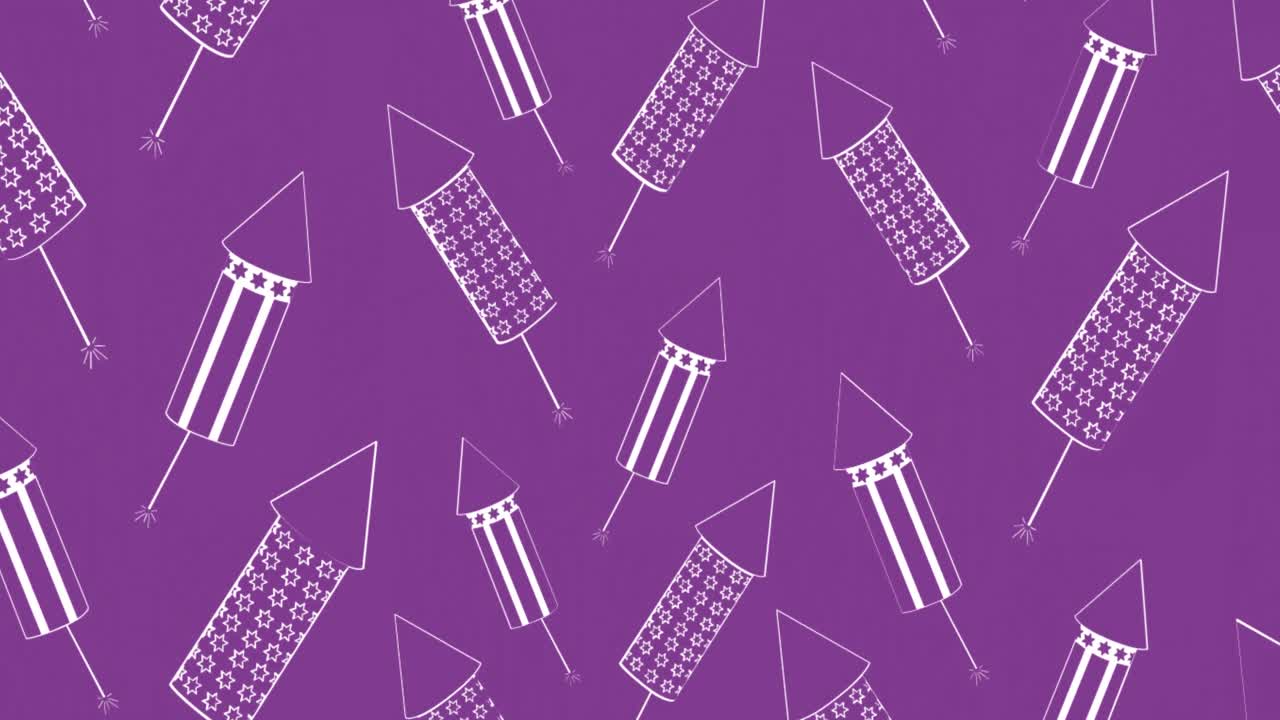 animación de fuegos artificiales de cohetes en blanco sobre fondo púrpura